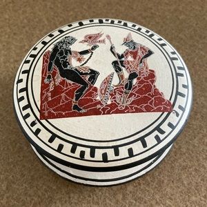 Greek Gods Pottery Trinket Jewelry Box, Round, Black and Red/Burgundy